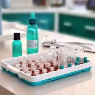 A set of peptide vials on a medical tray in a clean, bright clinic, representing peptide therapy for men’s health.