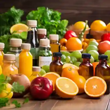 A set of vitamin bottles labeled D, B, C, and E, surrounded by fresh fruits and nuts on a kitchen counter, representing vitamin optimization for men’s health.